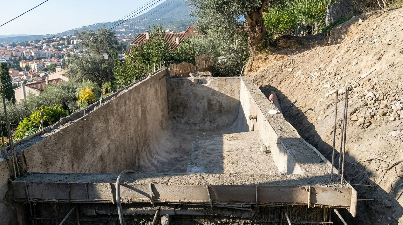 Ouvrage en béton réalisé par BPM sur un terrain en pente dans les Alpes-Maritimes