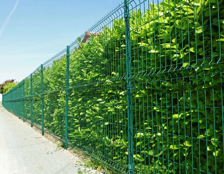 Clôture rigide verte installée le long d’une haie
