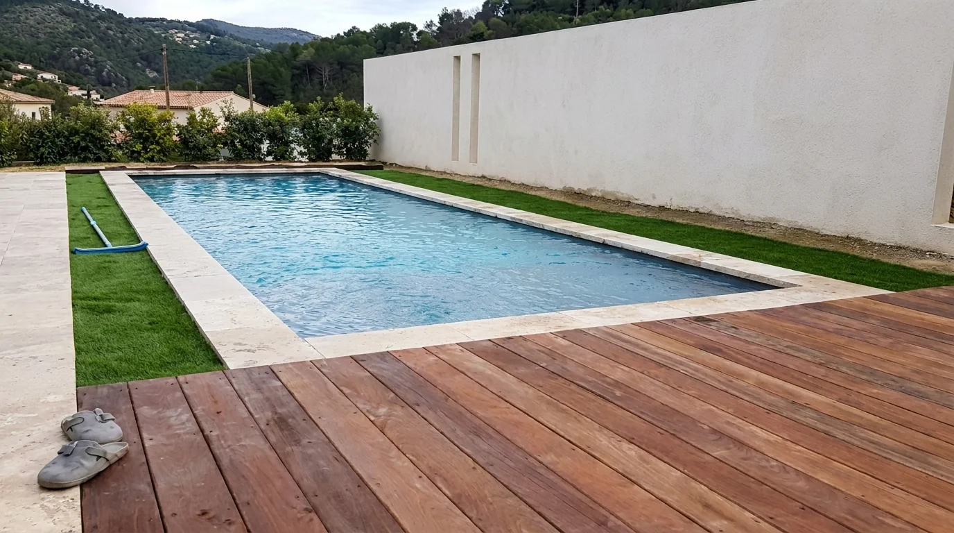 Long bassin rectangulaire bordé d’une terrasse en bois et d’un mur blanc