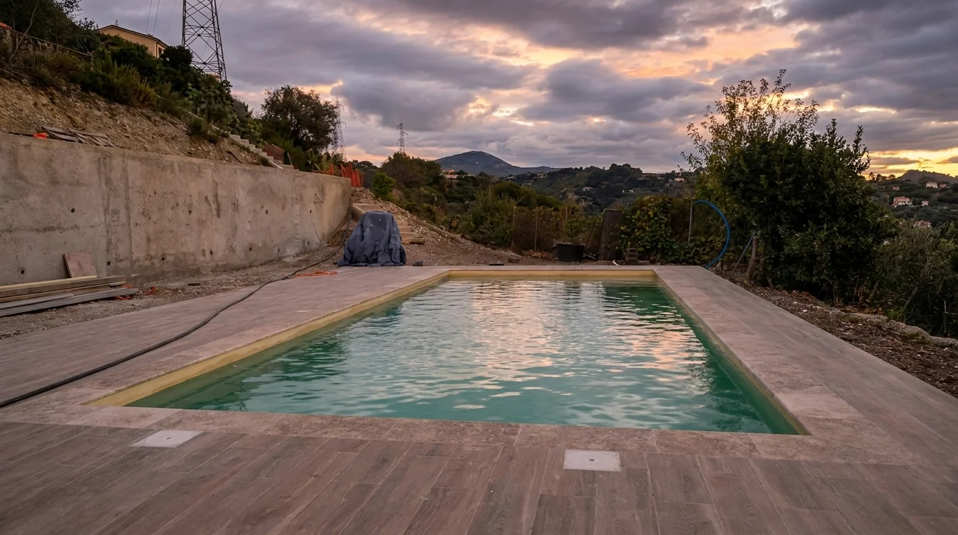 Piscine rectangulaire avec terrasse effet bois sous un ciel de fin de journée