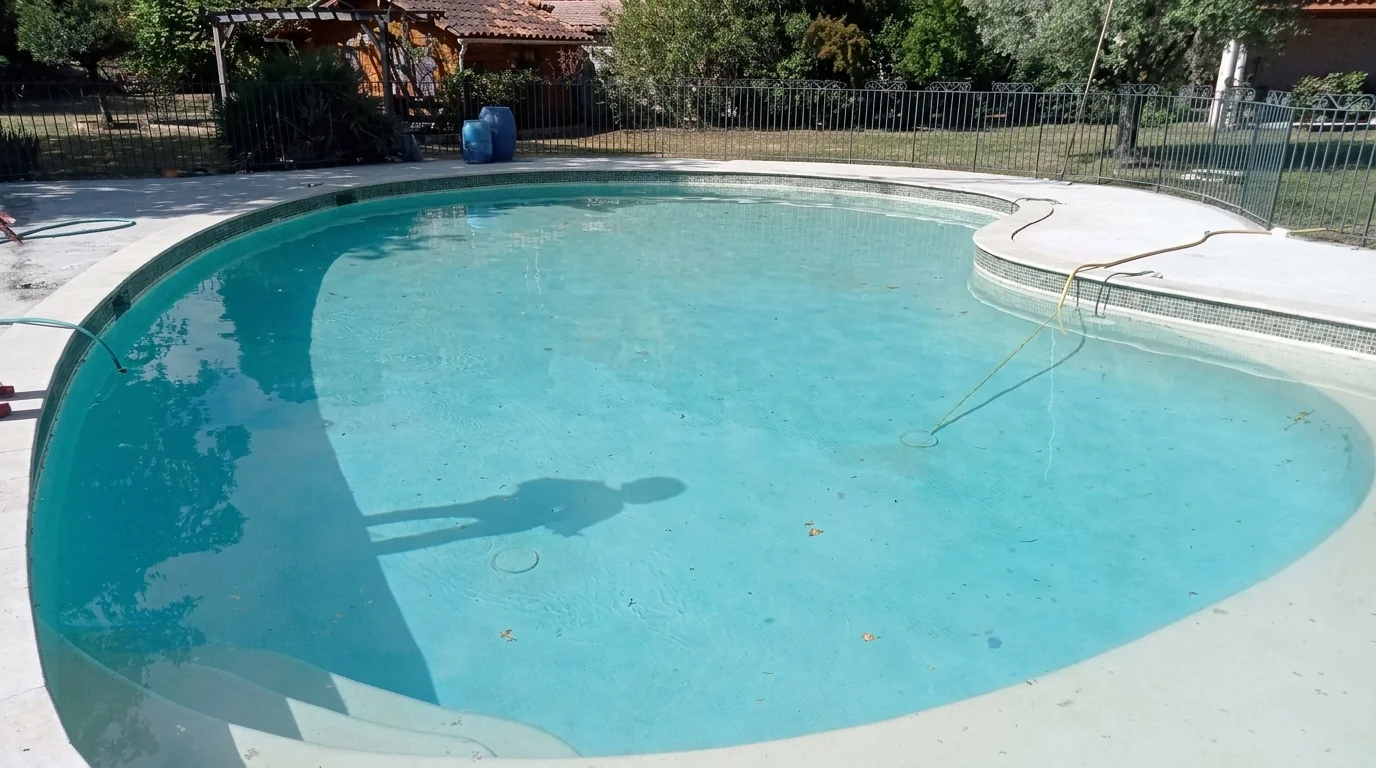 Piscine aux contours arrondis dans un jardin arboré