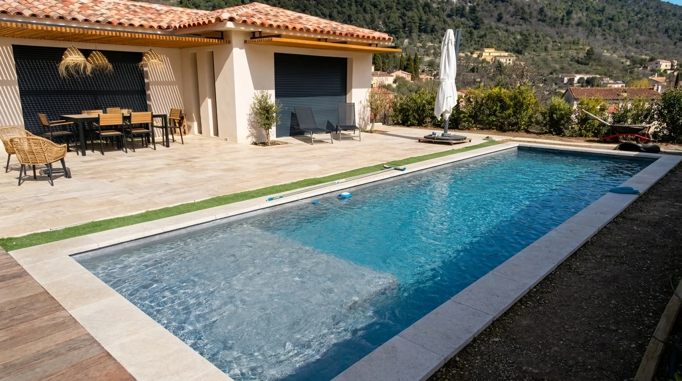 Piscine rectangulaire au premier plan d’une villa avec terrasse couverte