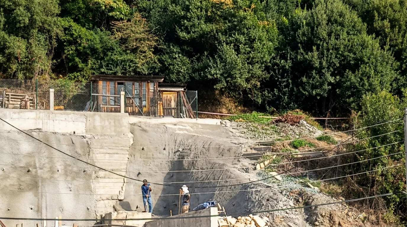Grande paroi en béton réalisée sur un terrain en pente