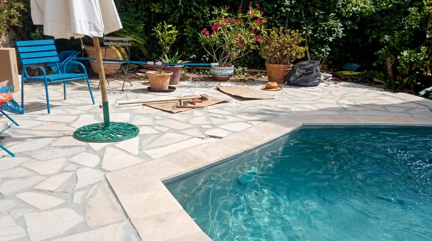 Terrasse en pierre claire autour d’une piscine et d’un espace de détente